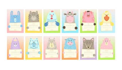 2022 calendar for each month, cute animal holding a monthly calendar sheet, hand drawn childish style