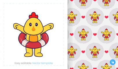 Seamless pattern with cartoon chicken on white background. Can be used on packaging paper, cloth and others.