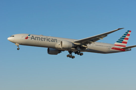 Los Angeles, California, USA - December 19, 2021: this image shows American Airlines Boeing 777-323ER with registration N736AT arriving at LAX, Los Angeles International Airport.