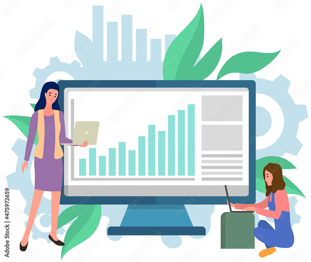 Poster visualize with business analytics. people work with statistical data analysis, changing indicators. 