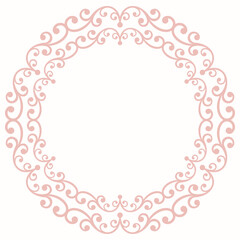 Oriental vector pink round frame with arabesques and floral elements. Floral border with vintage pattern. Greeting card with place for text