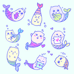 Cat mermaid baby set vector sea isolated tail ears shell pastel light colors comic fish magic magic