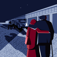 An elderly couple says goodbye to their old car..Vector illustration.