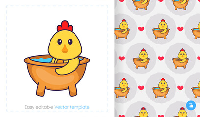 Seamless pattern with cartoon chicken on white background. Can be used on packaging paper, cloth and others.