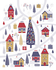 Merry Christmas and Happy New Year. Cute Scandinavian town on background a snowy winter landscape. Hand drawn illustration of Christmas tree, city, houses, streets for postcard, congratulation, poster