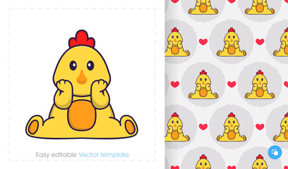 Seamless pattern with cartoon chicken on white background. Can be used on packaging paper, cloth and others.