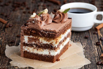 a piece of chocolate cake with cottage cheese filling