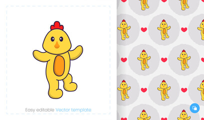 Seamless pattern with cartoon chicken on white background. Can be used on packaging paper, cloth and others.