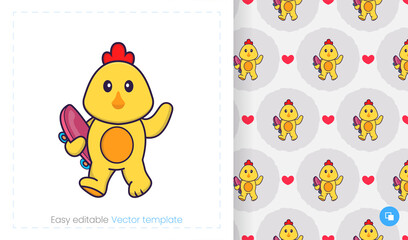 Seamless pattern with cartoon chicken on white background. Can be used on packaging paper, cloth and others.