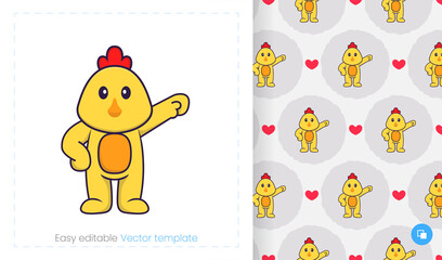 Seamless pattern with cartoon chicken on white background. Can be used on packaging paper, cloth and others.