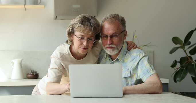 Overjoyed senior adult family couple in glasses laugh hug before pc screen getting surprise gift after winning game receiving financial reward. Excited grandparents lottery winners celebrate success