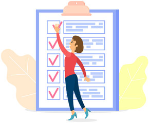 Month scheduling, to do list, time management concept. Woman stands near to do plan and planning schedule. Plan fulfilled, task completed, timetable sheet. Lady works with check list planning