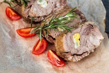 baked pork pork with eggs inside meat