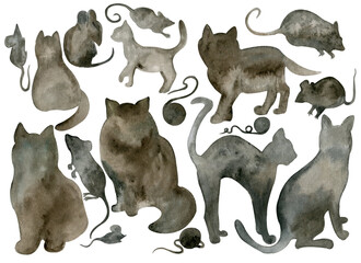 Black silhouettes of cats and mice Watercolor illustration