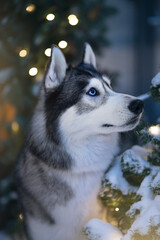 Christmas. Siberian husky dog