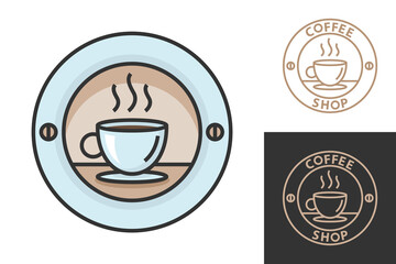 Coffee logo color design for coffeeshop or cafe. Espresso or cappuccino vector sign. Creative logotype, trendy line icon.