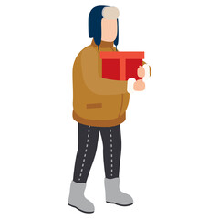 Man with with gift box, winter cold weather clothes, cap, warm coat, boots. Cartoon flat style