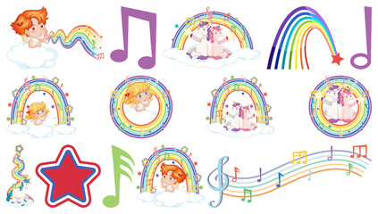 Set of fantasy fairies and cupids with rainbow elements