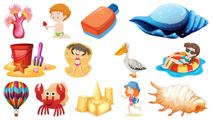Set of summer beach objects and cartoon characters