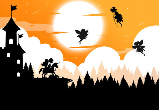 Silhouette fairies with full moon background