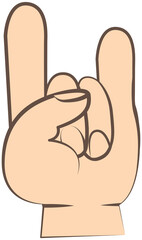 Hand gesture, rock sign, wrist with fingers with sign horns, in form of index finger and little finger, facing forward, icon, logo. Drawing bent fingers isolated on white, fingers express emotions