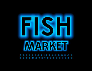 Vector Bright Banner Fish Market. Trendy Neon Font. Glowing Blue Alphabet Letters and Numbers set