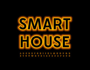 Vector bright Sign Smart House with bright Neon Font. modern Glowing Alphabet. Illuminated Letters and Numbers set