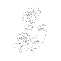 Lineart female face. Asian women drawn in one line, camellia flowers boho style for business, invitations, price lists and cards