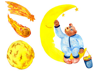 Watercolor cute cartoon bear in pajama sits on the moon and collect stars. Cartoon space illustration. Asteroid, comet and planet.