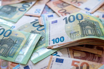 Obraz na płótnie Canvas colorful euro notes, top view