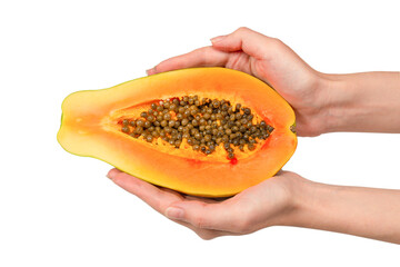 Papaya fruit isolated on a white background in woman hands. Half papaya.