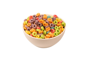 Colorful rings cereal spill out into a bowl. Breakfast. Isolated.