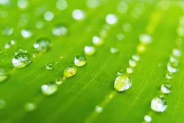 Macro closeup of Beautiful fresh green leaf banana with drop of water after the rain in morning sun nature background. - Powered by Adobe