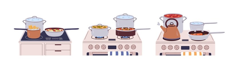 Cook pans and pots on gas, electric stoves set. Cooking food, boiling water, stewing and frying dishes on fire. Saucepan, stewpot and teakettle. Flat vector illustrations isolated on white background