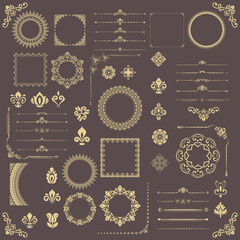 Vintage set of vector horizontal, square and round golden elements. Different elements for backgrounds, frames and monograms. Classic patterns. Set of vintage patterns