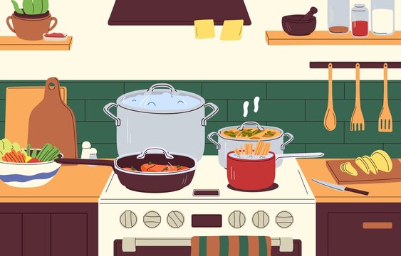 Cook pan and pots with dishes on stove in home kitchen interior. Boiling, frying, stewing food, soup, steak and pasta in saucepan, casserole and stewpot on cooker. Colored flat vector illustration