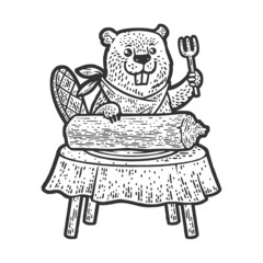 beaver lunch wood log sketch raster illustration