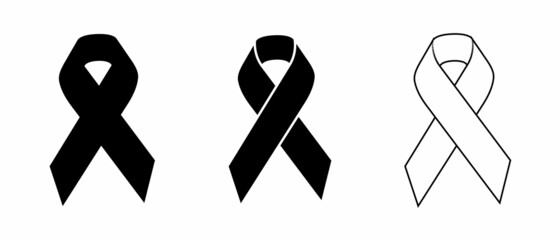 Set of vector black awareness ribbons from 3 different templates. Medical sign for a poster or banner of social action solidarity. 