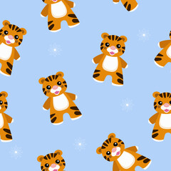 little tigers with snowflakes  on a blue background  pattern