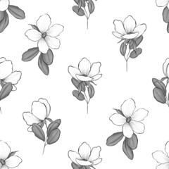 Monochrome floral seamless pattern with beautiful flowers. Black and white