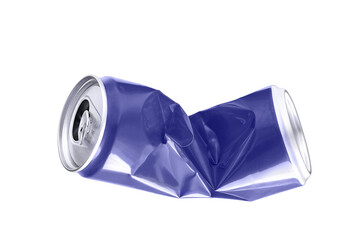 Crumpled aluminum soda can very peri colored, isolated on white background