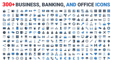 Set business, banking and finance icons set glyph blue. Icons for business, management, finance,...