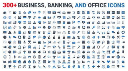 Fotobehang Set business, banking and finance icons set glyph blue. Icons for business, management, finance, strategy, banking, marketing and accounting for mobile concepts and web. Modern pictogram © A Oleksii