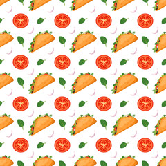 Seamless pattern with Mexican traditional taco food and green spinach. Fast food print for restaurant, cafe and design on white background. Vector flat illustration