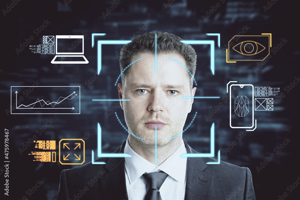 Poster Portrait of attractive businessman with creative face recognition control hologram on dark background. Technology and smart tech concept. Double exposure.