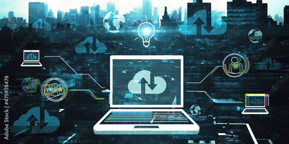 Aufkleber Creative abstract laptop with various icons and digital cloud computing interface on dark city background. Database and technology concept. Double exposure.