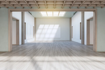 Fototapeta na wymiar Bright concrete exhibition hall interior with wooden flooring, empty posters and sunlight. Gallery concept. 3D Rendering.