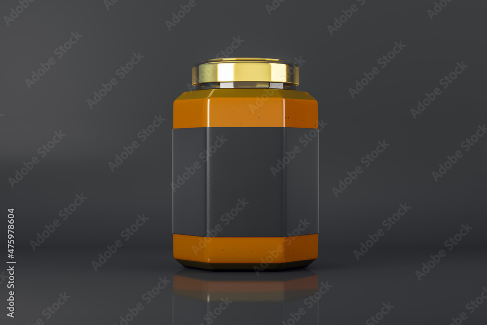 Poster empty label honey jars on black backdrop. product packaging, sales and marketing concept. mock up, 3