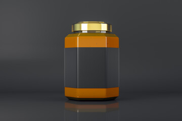 Empty label honey jars on black backdrop. Product packaging, sales and marketing concept. Mock up, 3D Rendering.