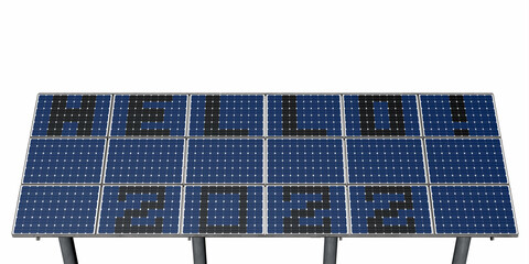 Photovoltaic module array display "Hello! 2020". Isolated on white. 3D rendering